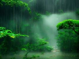 monsun regn skog med podium bakgrund ai generativ foto