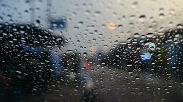 regndroppar falla på de fönsterruta med de gata och lampor i de bakgrund foto