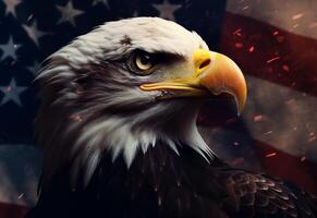 Foto skallig Örn med americana flagga i de bakgrund generativ ai