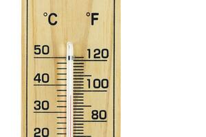 närbild trä- termometer skala isolerat vit bakgrund. foto