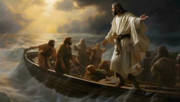 Jesus christ på de båt lugnar sig de storm på hav. foto