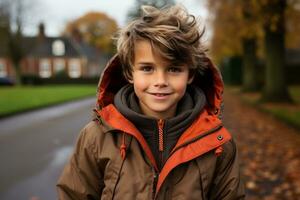 en ung pojke i ett orange och brun jacka stående i de mitten av en väg generativ ai foto