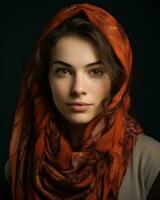 porträtt av en skön ung kvinna i ett orange scarf på en svart bakgrund generativ ai foto