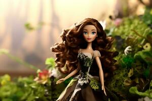 barbie docka i en blommig klänning stående i de gräs foto