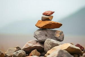 stack av balanserad stenar runt om lugg av rocks. ai genererad. foto