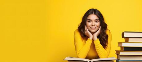 bokälskande kvinna studerande Framställ ensam mot gul bakgrund med rum till Lägg till text foto