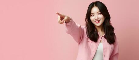 asiatisk kvinna pekande upp med smiley ansikte reklam produkt på rosa bakgrund foto
