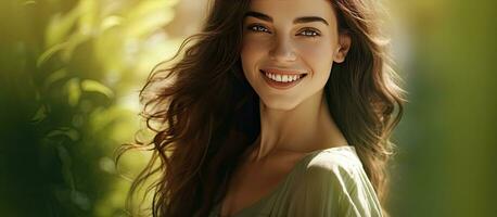 skön kvinna leende i solljus med grön ögon och lång brun hår tömma område foto