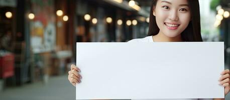 Lycklig asiatisk kvinna med vit skjorta stående Bakom stor tömma affisch för text foto