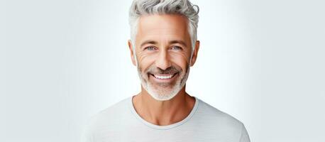leende äldre man med grå hår isolerat på vit bakgrund foto