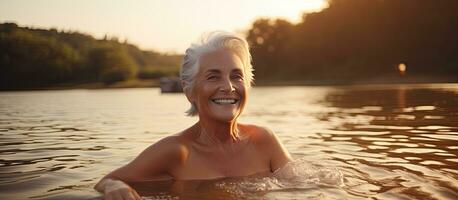 äldre lady njuter natur förbi de flod i sommar njuter enkel nöjen foto