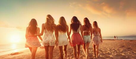 olika kvinnor i badkläder njuter strand solnedgång framställning sommar minnen foto