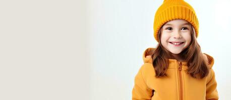 söt flicka i gul luvtröja och röd hatt ler mot vit bakgrund Plats för din ad foto