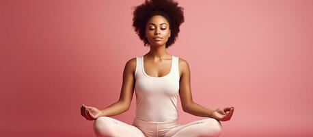 lugn kvinna i atletisk klädsel upptäckt lugn genom yoga efter kondition regim sittande på rosa bakgrund riklig rum för text fysisk wellness och s foto