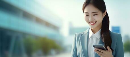 leende asiatisk flicka i arbete kläder använder sig av mobil telefon frilans forskning positiv energi kvinna foto