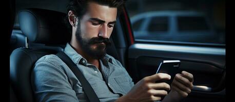 en enda vit man med modern hår och mustascher användningar en smartphone i en bil för textning och uppkopplad kommunikation foto