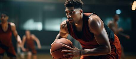 manlig basketboll spelare av annorlunda bakgrunder spelar och arbetssätt ut tillsammans i en Gym behålla sporter aktivitet enhet och livsstil tema tömma Plats foto