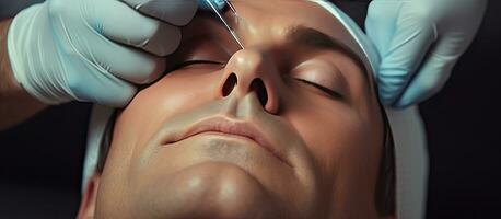 manlig kosmetolog användningar penna till mark injektion poäng för botulinum terapi på ansikte med kopia Plats foto