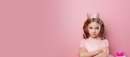 olycklig flicka i rosa klänning Framställ på rosa bakgrund födelsedag firande begrepp med baner studio Foto