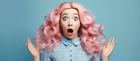 en chockade flicka i en eleganta rosa topp och rosa hår stående på en blå bakgrund händer över henne ansikte främja en docka trend foto
