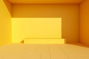 tömma rum vägg gul bakgrund för produkt presentation med skugga och ljus från fönster, i de stil av minimalistisk bakgrund, modern interiör begrepp, ai generera foto