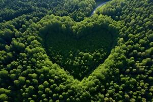 antenn topp se hjärta formad skog träd, regnskog ekosystem och friska miljö begrepp och bakgrund, ai generera foto