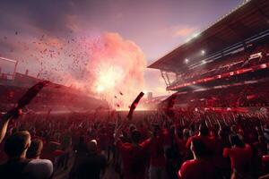 fotboll fotboll fält stadion på natt och fyrverkeri, ai generera foto