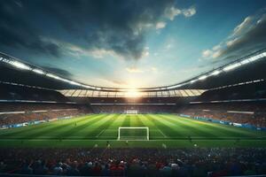 fotboll fotboll fält stadion på natt och strålkastare, ai generera foto