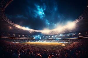 fotboll fotboll fält stadion på natt och fyrverkeri, ai generera foto