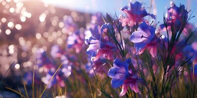 campanula rosa blommor i de fält mot blå himmel, ai generera foto