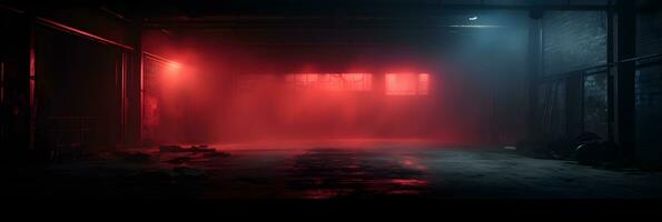 tömma industriell lager med neon lampor lysande från ovan, i de stil av smokey bakgrund, i hög grad iscensatt scener, röd och azurblå, ai generera foto