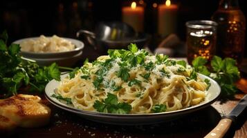 läckra tallrik av fettuccine Alfredo garnerad med persilja och parmesan ost. generativ ai. foto