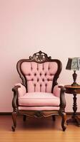 rosa elegant textil- fåtölj med en tabell och en tabell lampa. ai genererad foto