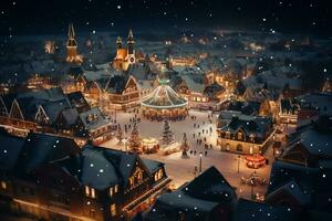 vinter- kväll jul stad med lampor, jul träd och snö med människor på de gata, topp se. ai genererad foto