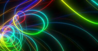 abstrakt flerfärgad regnbåge neon energi laser rader flygande på en svart bakgrund foto