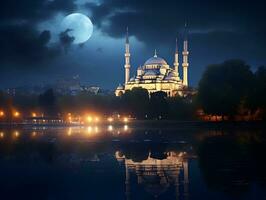 skön blå moské under en full måne generativ ai foto