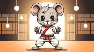 en söt mus sporter maskot platt illustration bär en karate enhetlig och spelar karate generativ ai foto