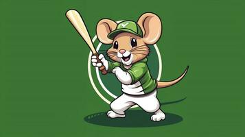 en söt mus sporter maskot platt illustration bär en baseboll enhetlig och spelar baseboll generativ ai foto