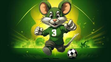 en söt mus sporter maskot platt illustration bär en fotboll enhetlig och spelar fotboll generativ ai foto