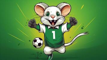 en söt mus sporter maskot platt illustration bär en fotboll enhetlig och spelar fotboll generativ ai foto