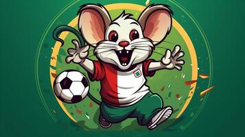 en söt mus sporter maskot platt illustration bär en fotboll enhetlig och spelar fotboll generativ ai foto