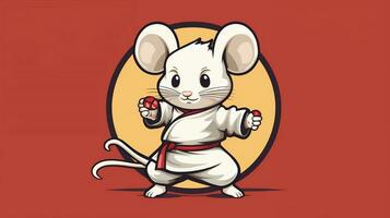 en söt mus sporter maskot platt illustration bär en karate enhetlig och spelar karate generativ ai foto