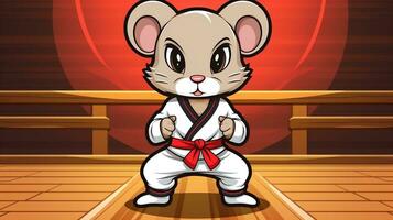 en söt mus sporter maskot platt illustration bär en karate enhetlig och spelar karate generativ ai foto