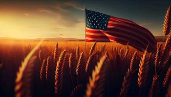 en solbelyst vete fält med ett amerikan flagga flygande i de himmel oberoende dag begrepp generativ ai foto