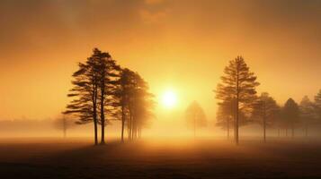 soluppgång ovan dimmig fält med träd konturer. silhuett begrepp foto