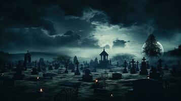 kuslig kyrkogård på natt med besatt atmosfär frammanande känslor av sorg död och Skräck. silhuett begrepp foto