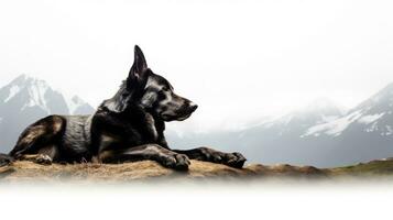 hund vilar på en vit yta med en se av berg. silhuett begrepp foto