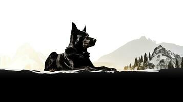 hund vilar på en vit yta med en se av berg. silhuett begrepp foto