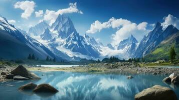 landskap fotografi fångande de naturskön cheery sjö och snöig Monte bianco bergen i chamonix Frankrike alperna. silhuett begrepp foto