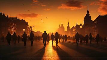 individer promenader i prag under solnedgång. silhuett begrepp foto